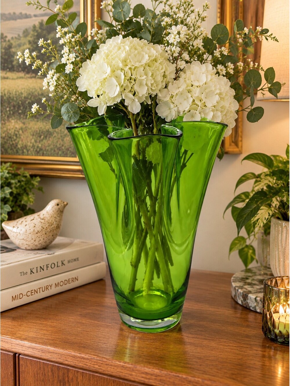 Vintage Lime Green Art Glass Ruffled Handkerchief Vase 11" MCM Heavy Glass